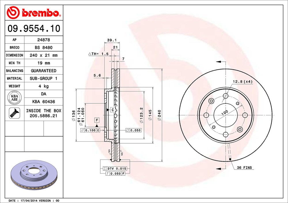 Tarcza hamulcowa BREMBO 09.9554.10