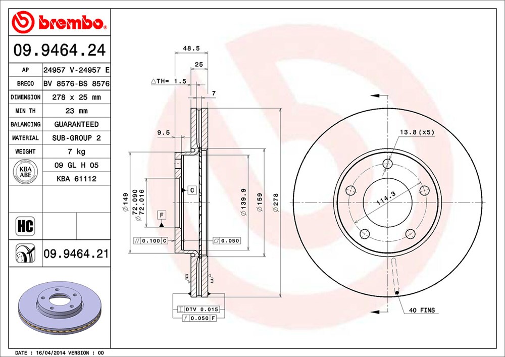 Tarcza hamulcowa BREMBO 09.9464.21