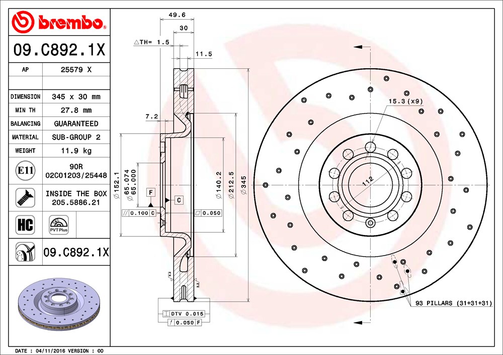 Tarcza hamulcowa BREMBO 09.C892.1X