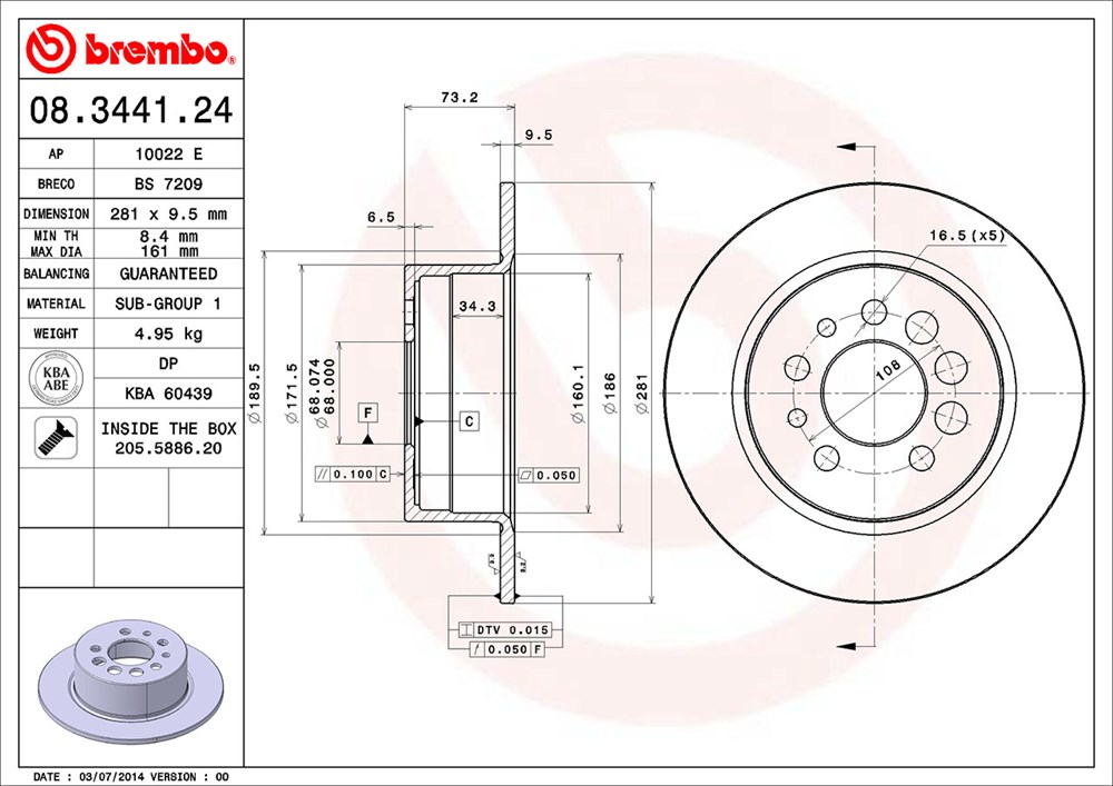 Tarcza hamulcowa BREMBO 08.3441.24