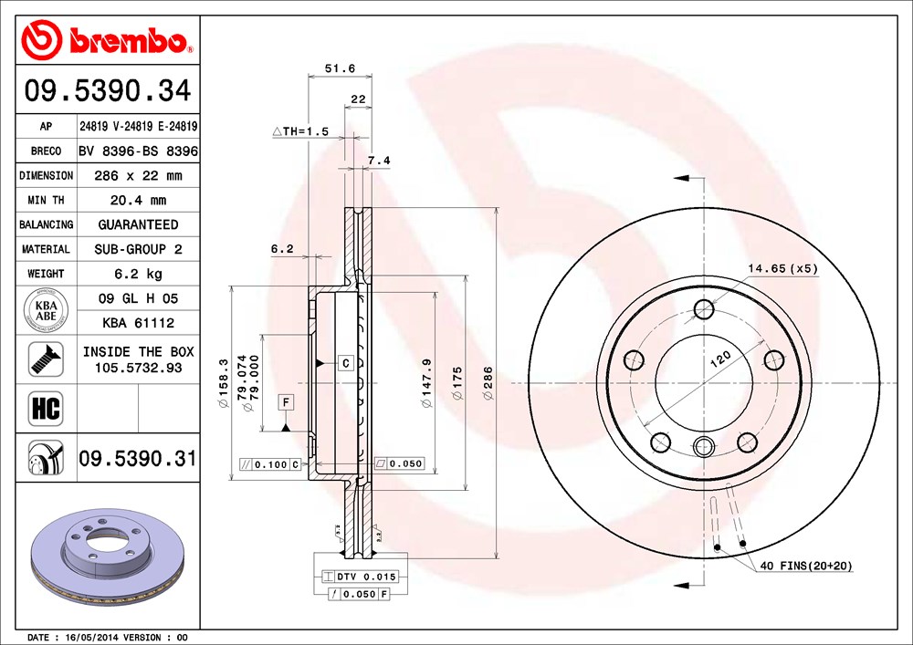 Tarcza hamulcowa BREMBO 09.5390.31