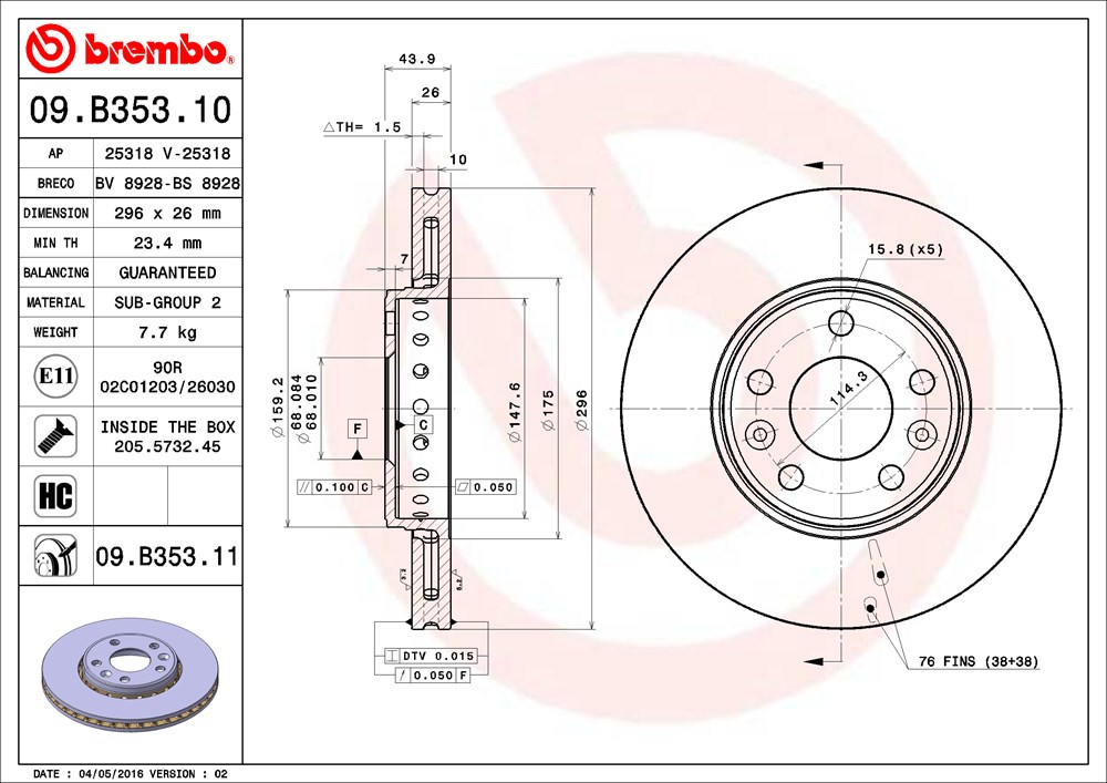 Tarcza hamulcowa BREMBO 09.B353.11