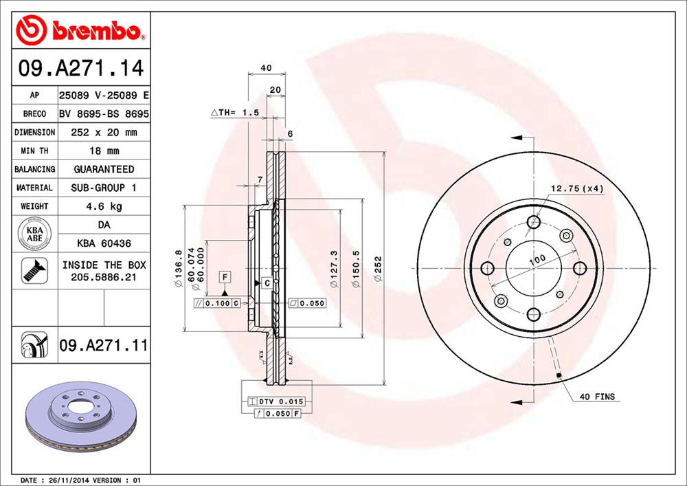 Tarcza hamulcowa BREMBO 09.A271.11