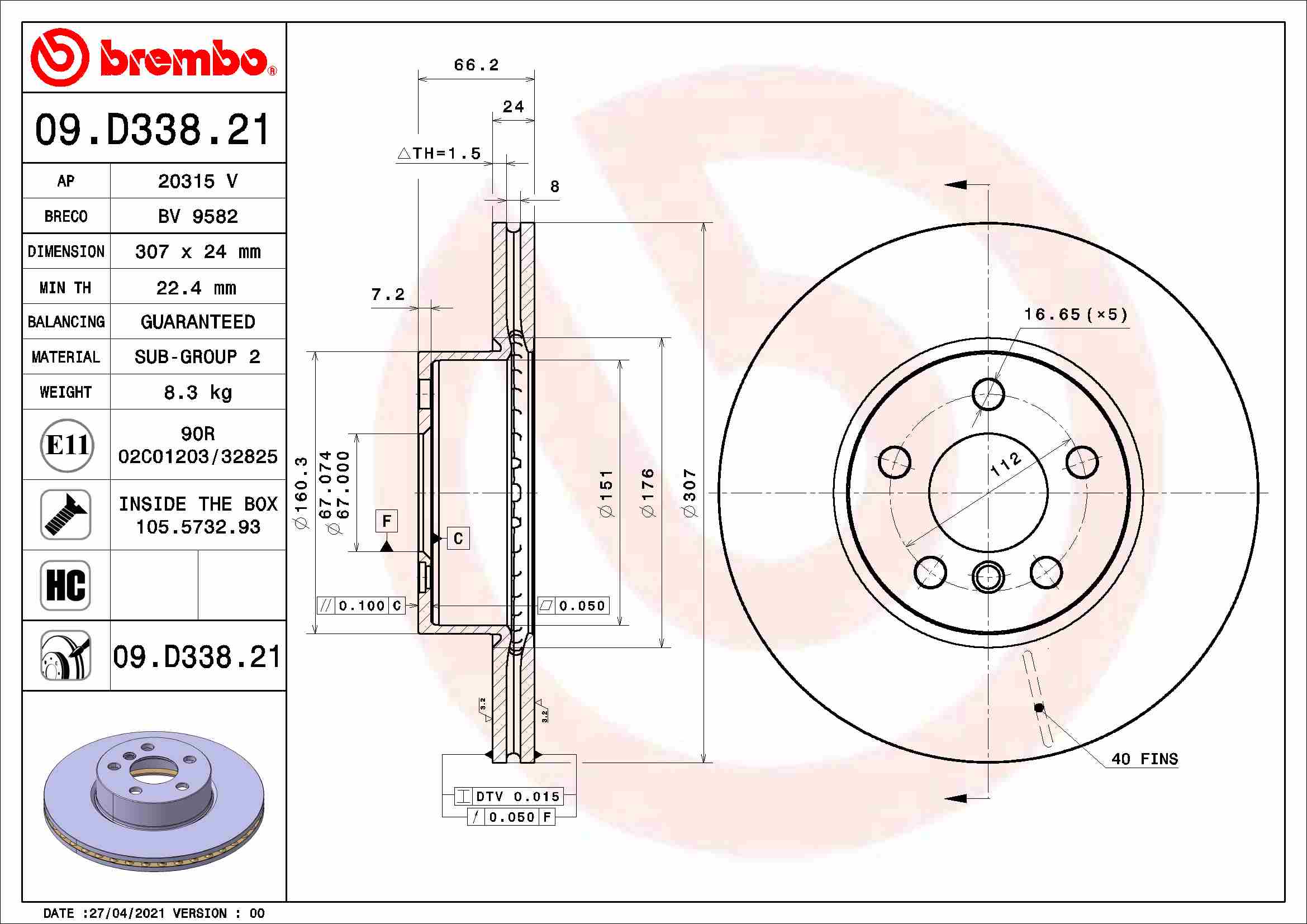 Tarcza hamulcowa BREMBO 09.D338.21