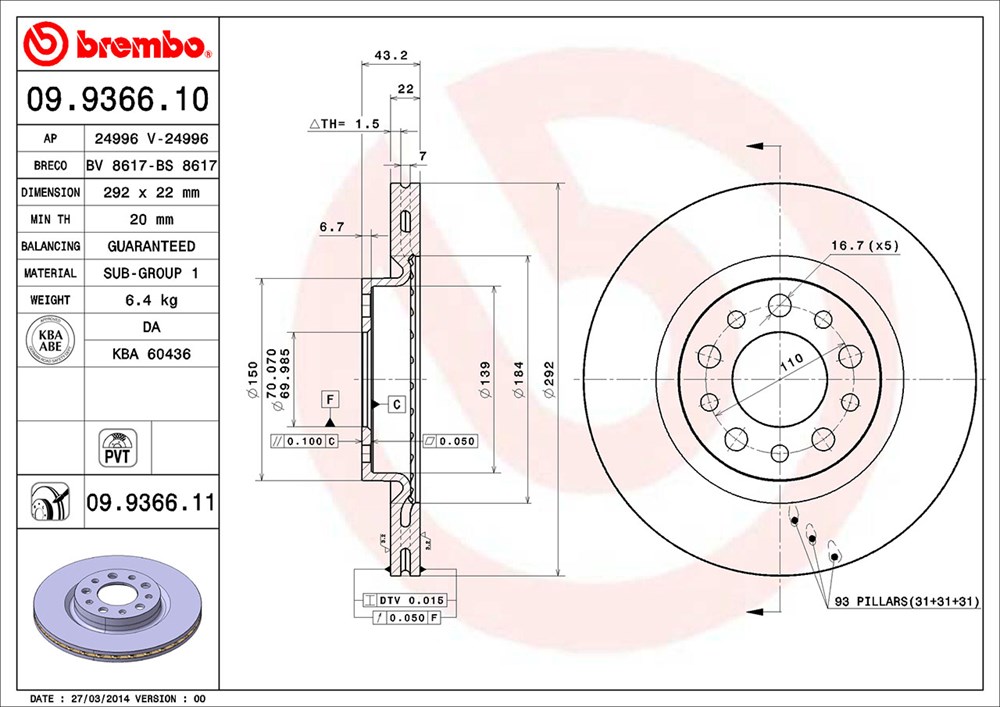 Tarcza hamulcowa BREMBO 09.9366.11