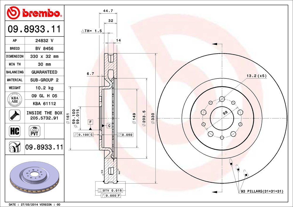 Tarcza hamulcowa BREMBO 09.8933.11