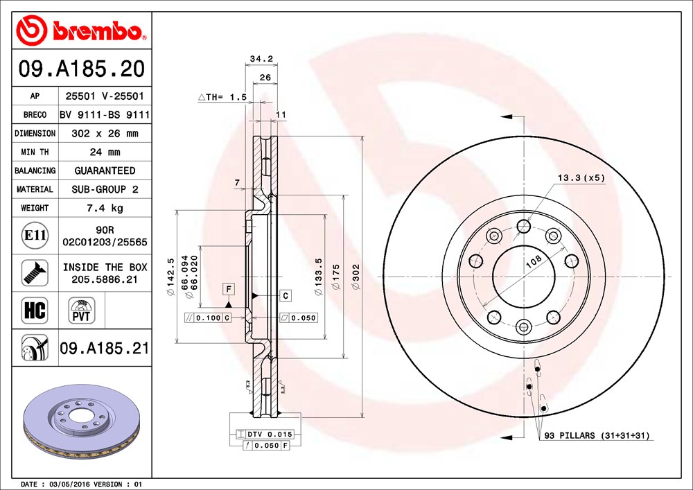 Tarcza hamulcowa BREMBO 09.A185.21