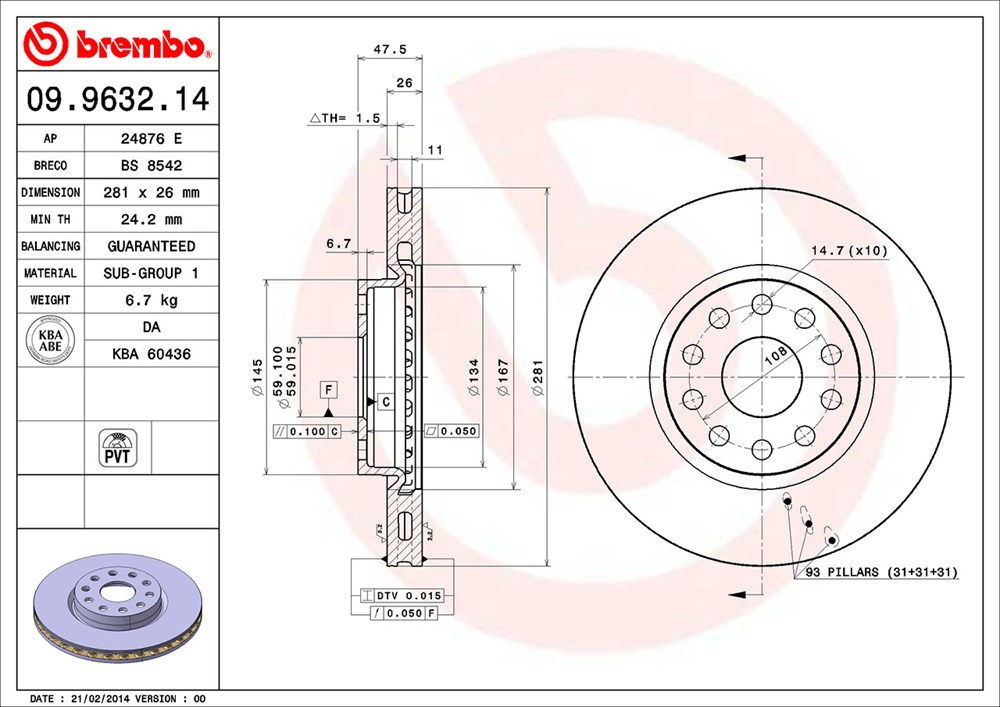 Tarcza hamulcowa BREMBO 09.9632.14