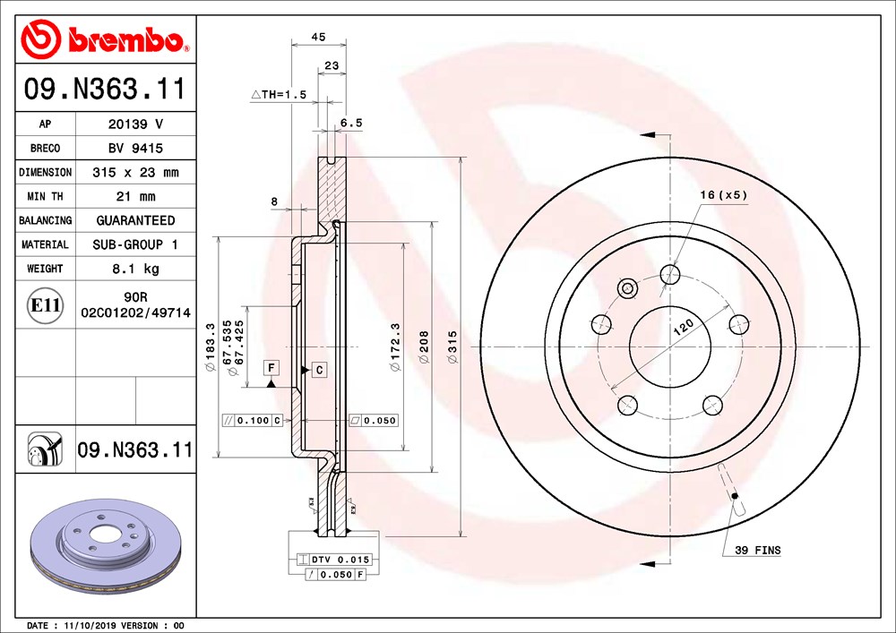 Tarcza hamulcowa BREMBO 09.N363.11