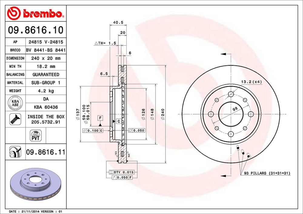 Tarcza hamulcowa BREMBO 09.8616.11