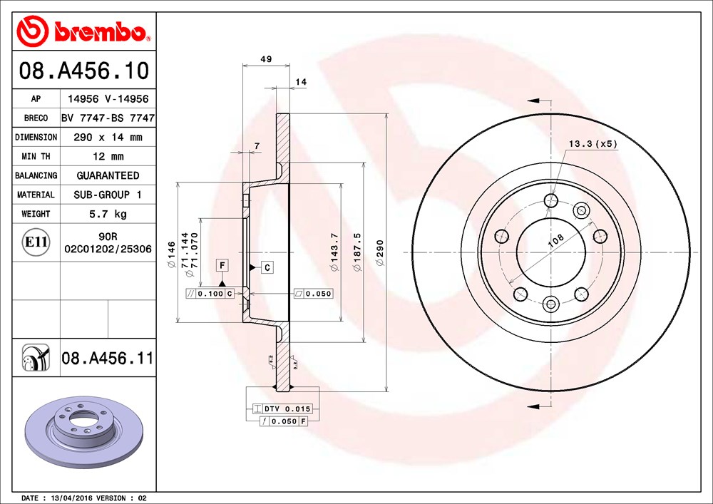 Tarcza hamulcowa BREMBO 08.A456.11