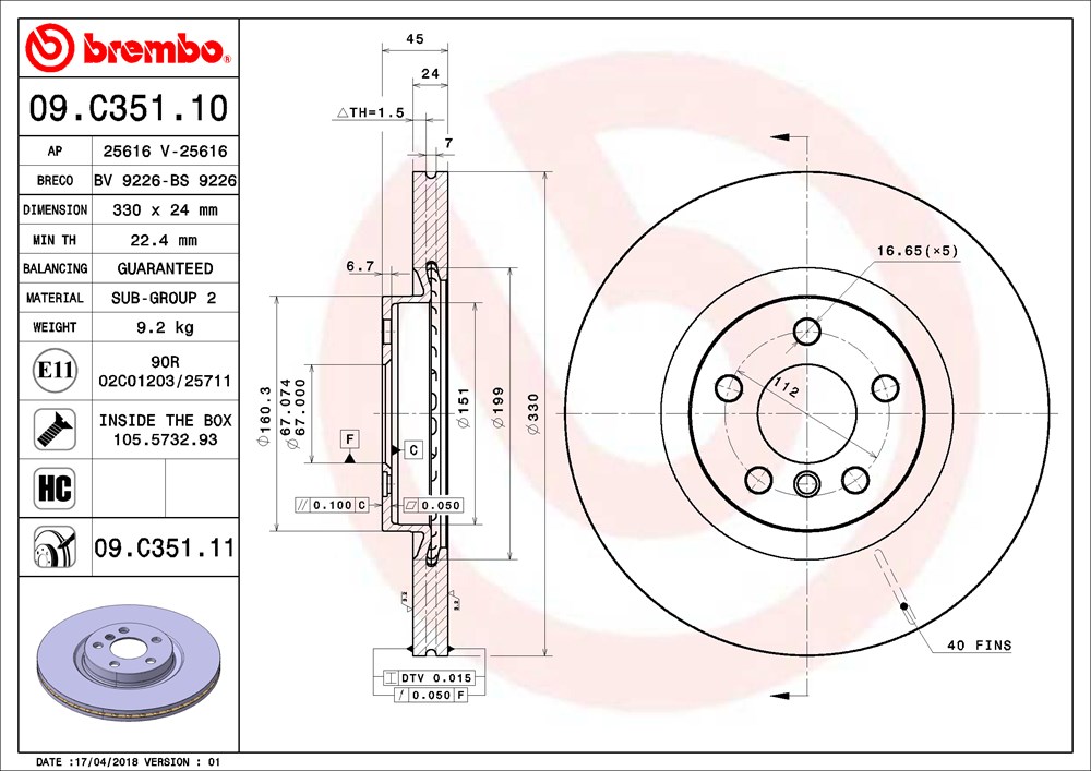 Tarcza hamulcowa BREMBO 09.C351.11