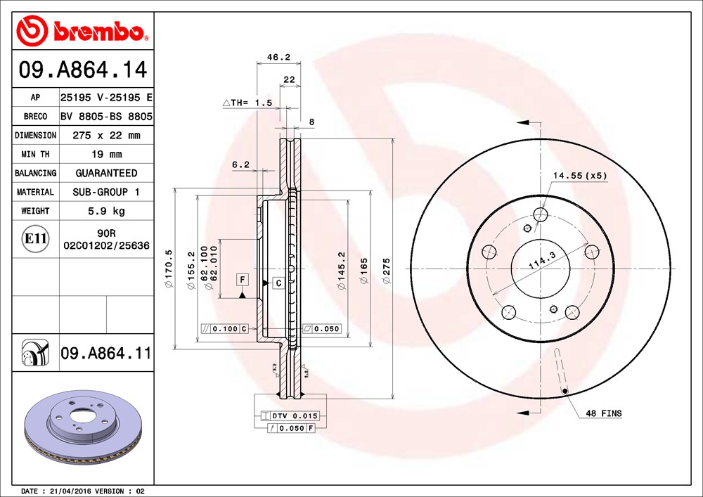 Tarcza hamulcowa BREMBO 09.A864.11