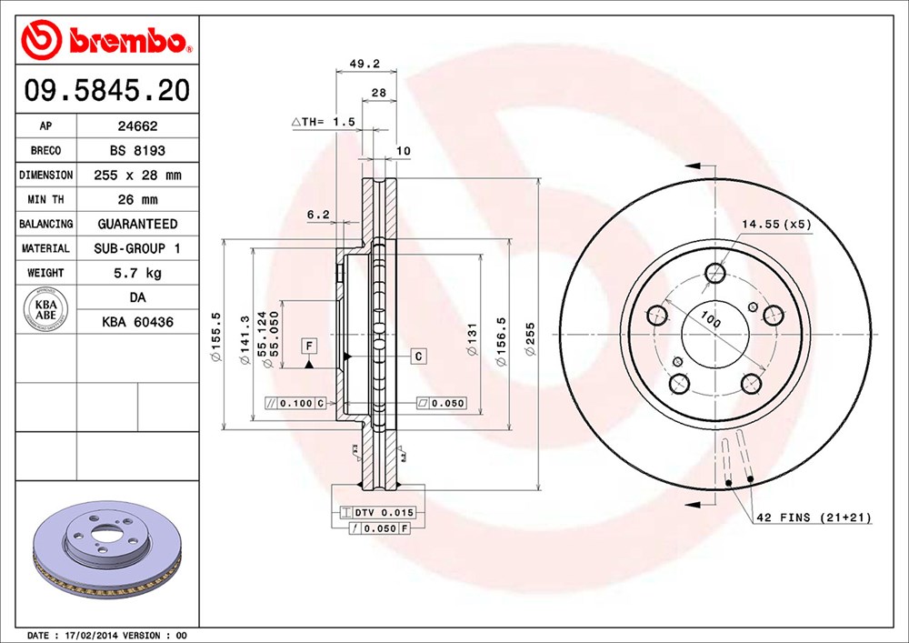 Tarcza hamulcowa BREMBO 09.5845.20