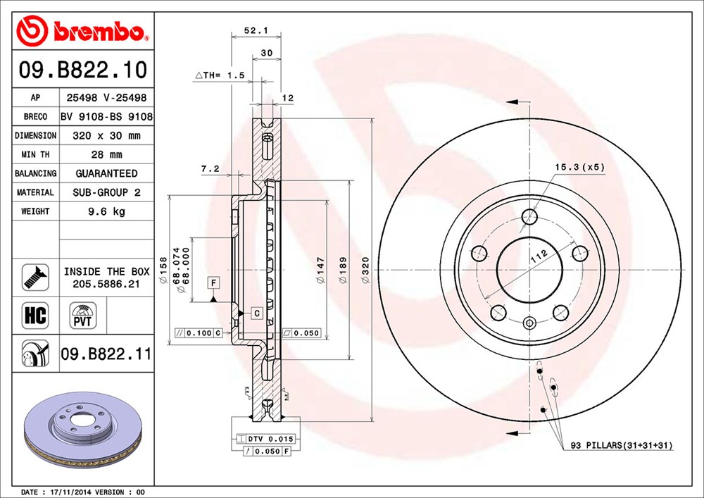 Tarcza hamulcowa BREMBO 09.B822.11