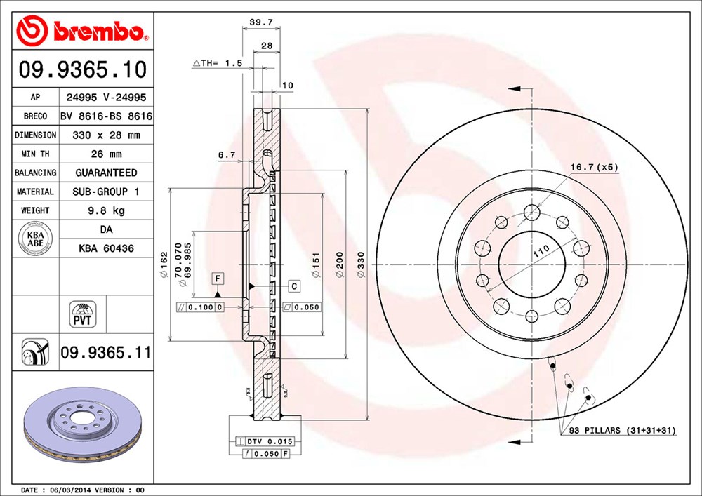 Tarcza hamulcowa BREMBO 09.9365.11