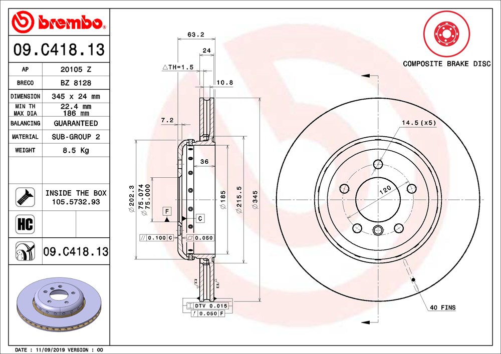 Tarcza hamulcowa BREMBO 09.C418.13
