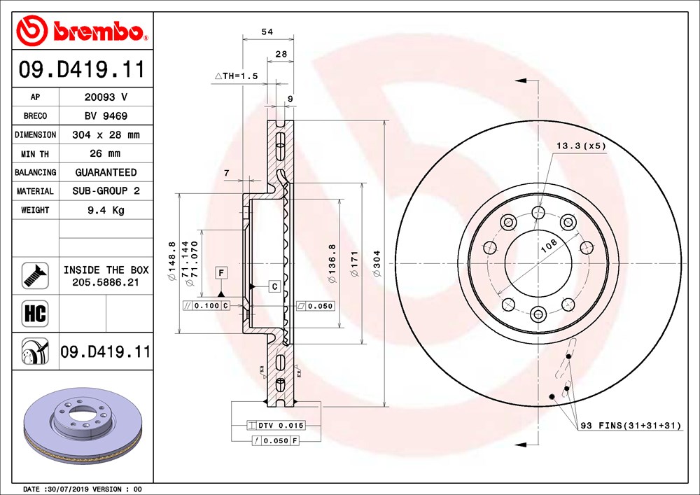 Tarcza hamulcowa BREMBO 09.D419.11