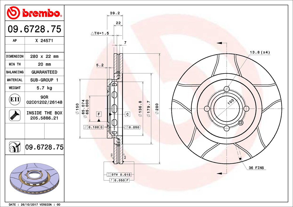 Tarcza hamulcowa BREMBO 09.6728.75