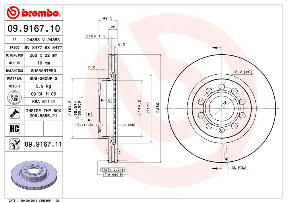 Tarcza hamulcowa BREMBO 09.9167.11