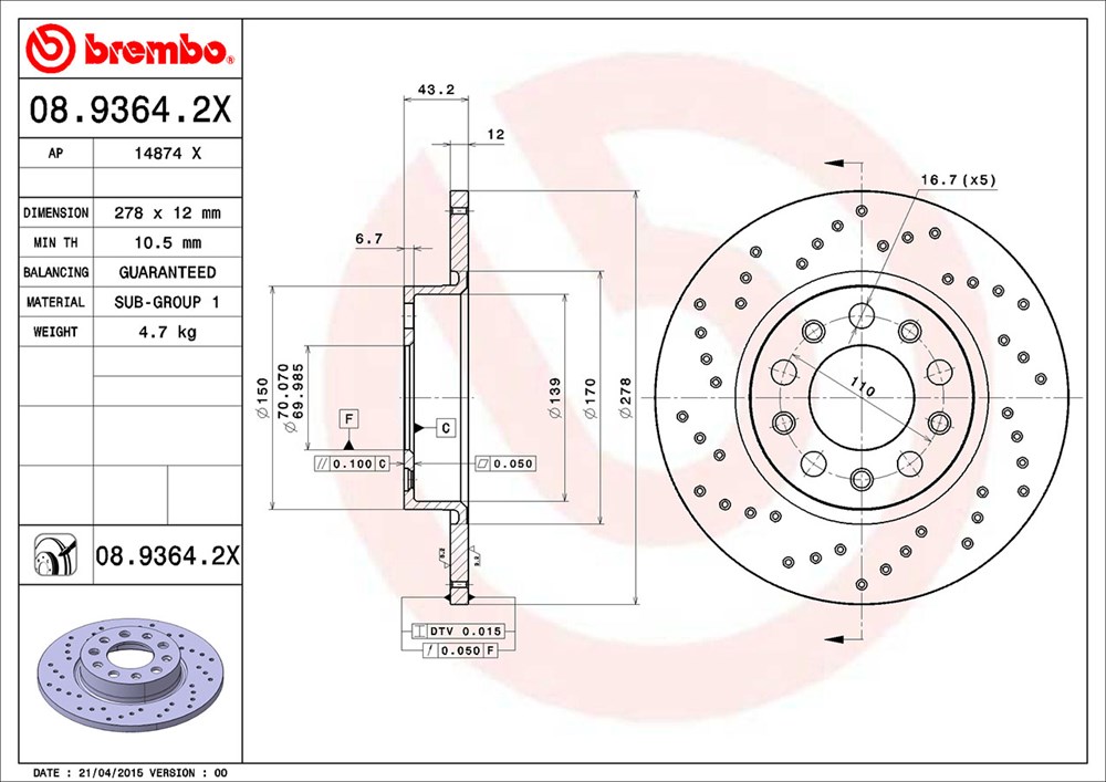 Tarcza hamulcowa BREMBO 08.9364.2X