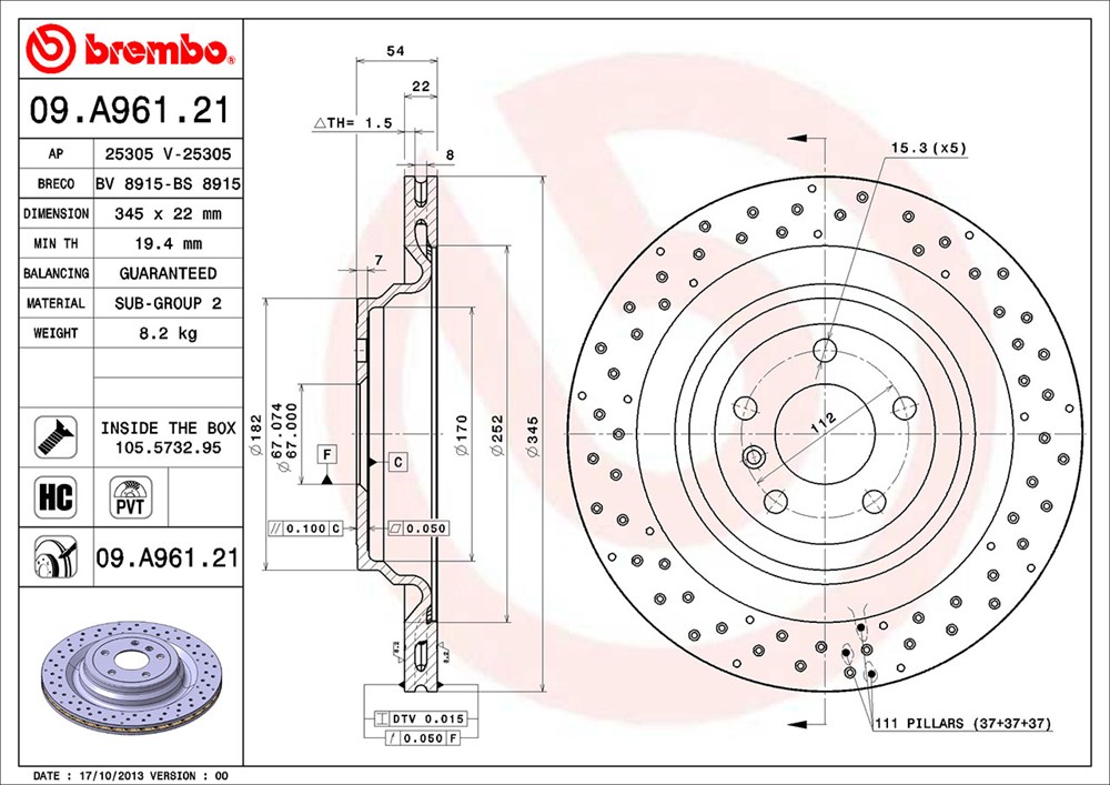 Tarcza hamulcowa BREMBO 09.A961.21