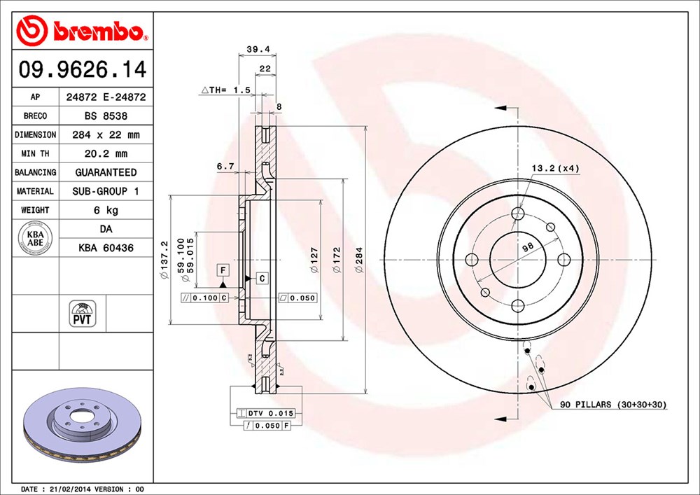 Tarcza hamulcowa BREMBO 09.9626.14