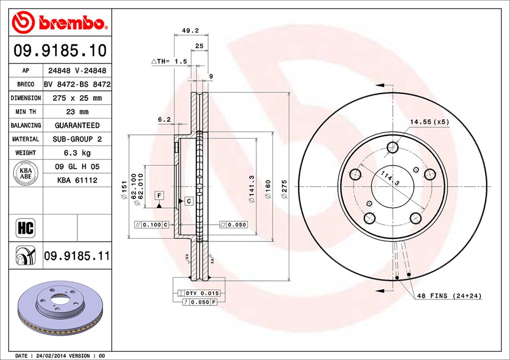 Tarcza hamulcowa BREMBO 09.9185.11