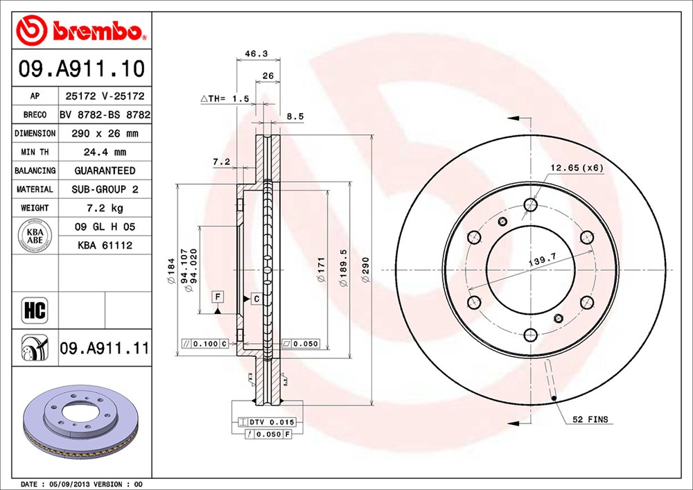 Tarcza hamulcowa BREMBO 09.A911.11