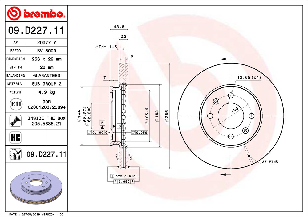 Tarcza hamulcowa BREMBO 09.D227.11