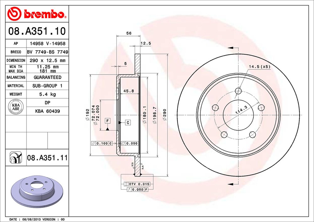 Tarcza hamulcowa BREMBO 08.A351.11