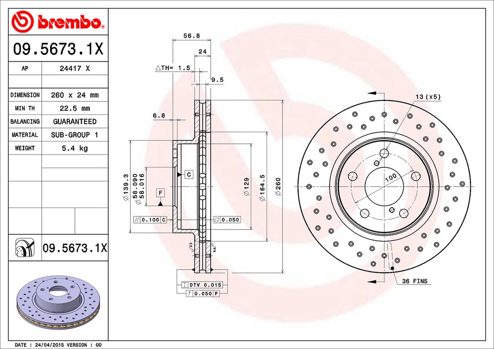 Tarcza hamulcowa BREMBO 09.5673.1X