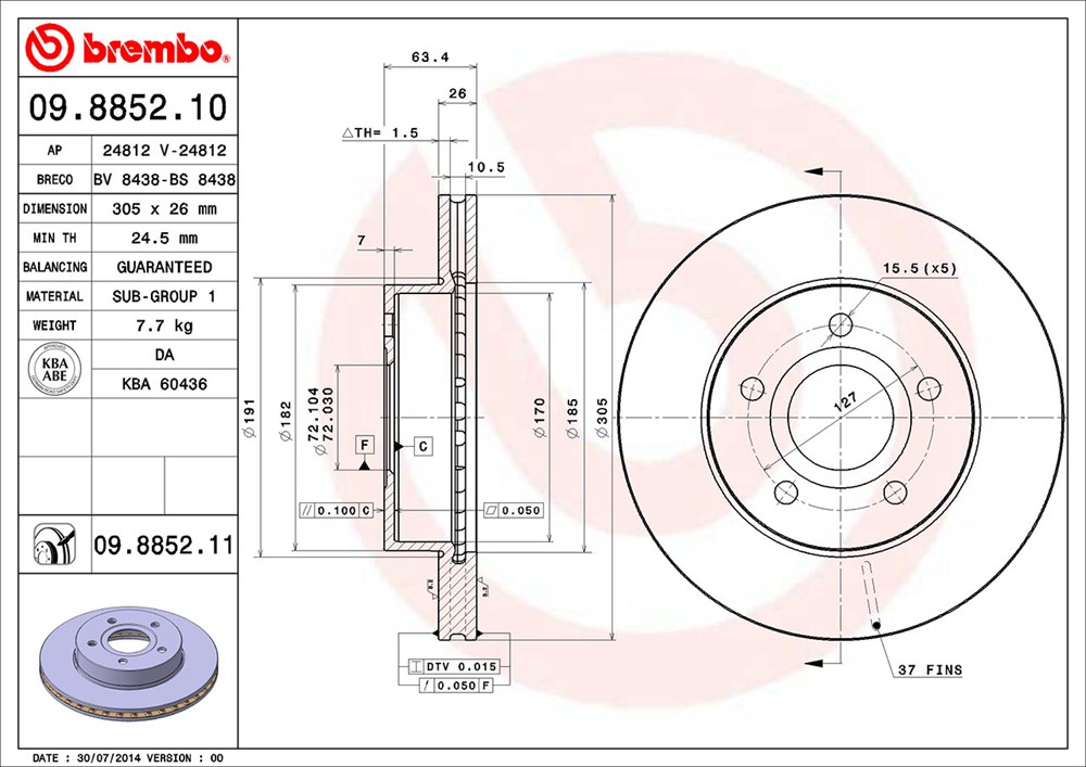 Tarcza hamulcowa BREMBO 09.8852.11