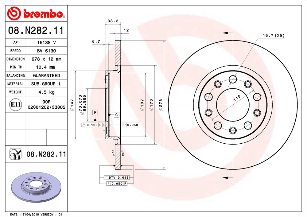 Tarcza hamulcowa BREMBO 08.N282.11