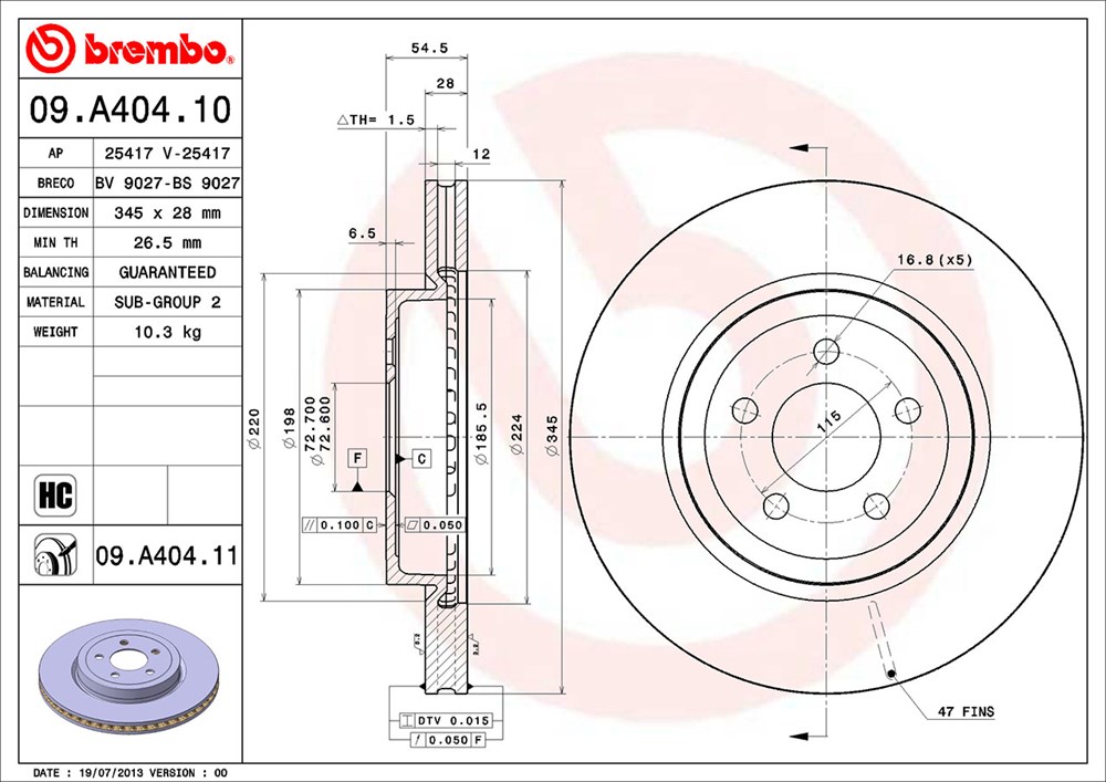 Tarcza hamulcowa BREMBO 09.A404.11