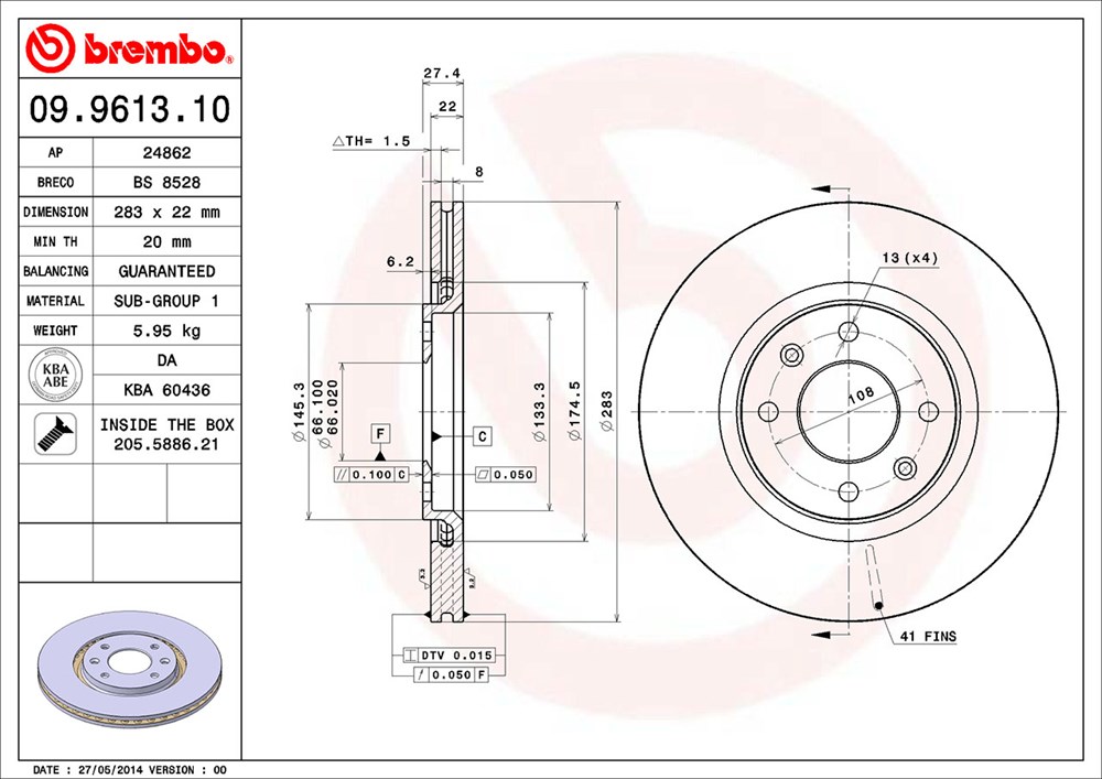 Tarcza hamulcowa BREMBO 09.9613.10