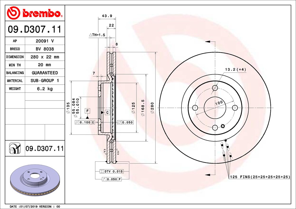 Tarcza hamulcowa BREMBO 09.D307.11