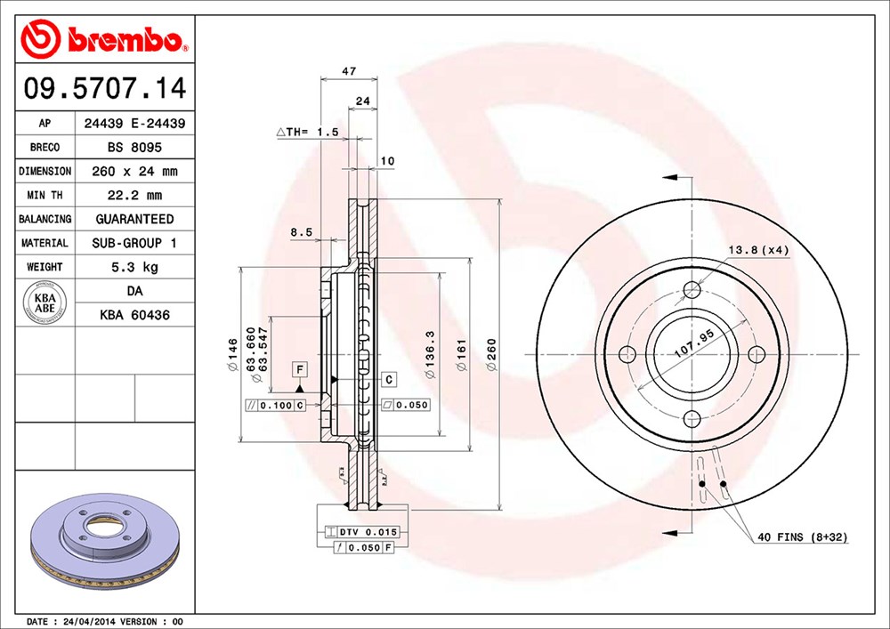 Tarcza hamulcowa BREMBO 09.5707.14