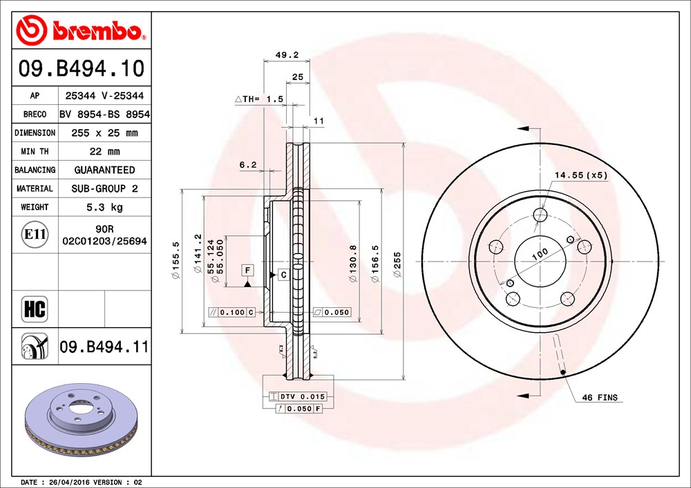 Tarcza hamulcowa BREMBO 09.B494.11