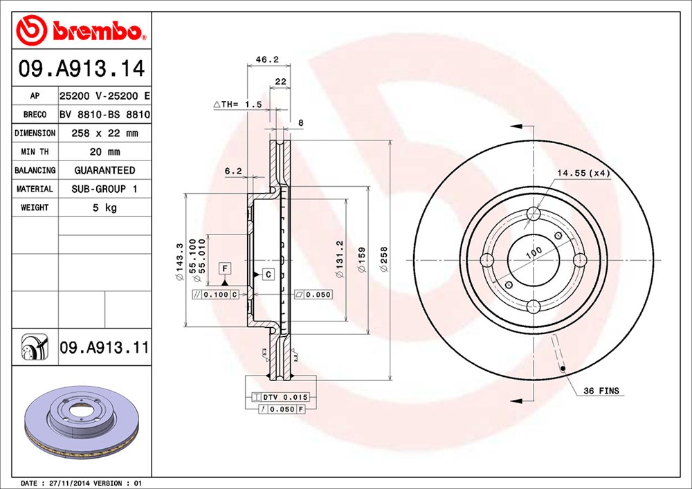 Tarcza hamulcowa BREMBO 09.A913.14