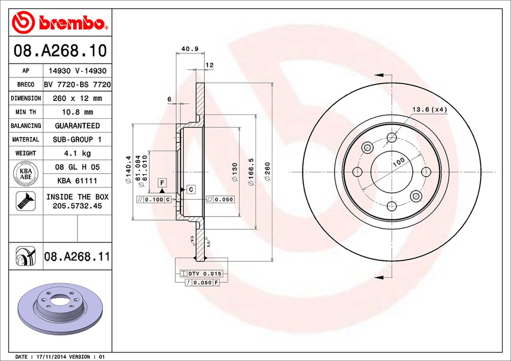 Tarcza hamulcowa BREMBO 08.A268.11