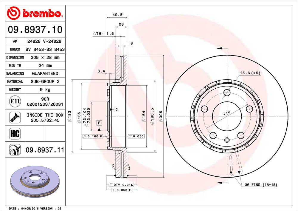 Tarcza hamulcowa BREMBO 09.8937.11