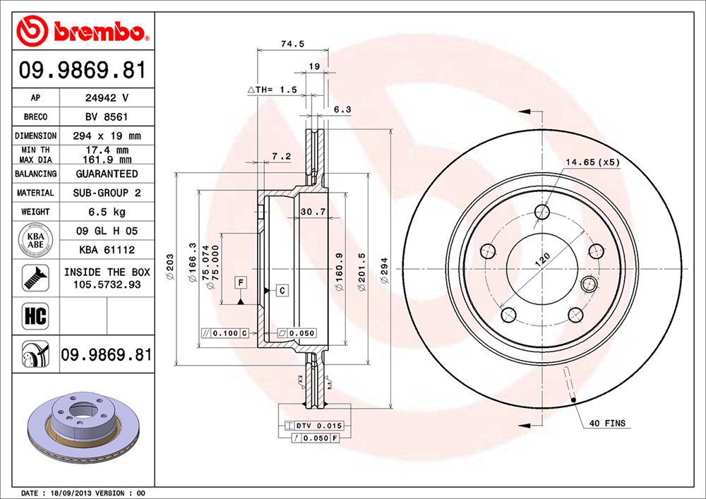 Tarcza hamulcowa BREMBO 09.9869.81