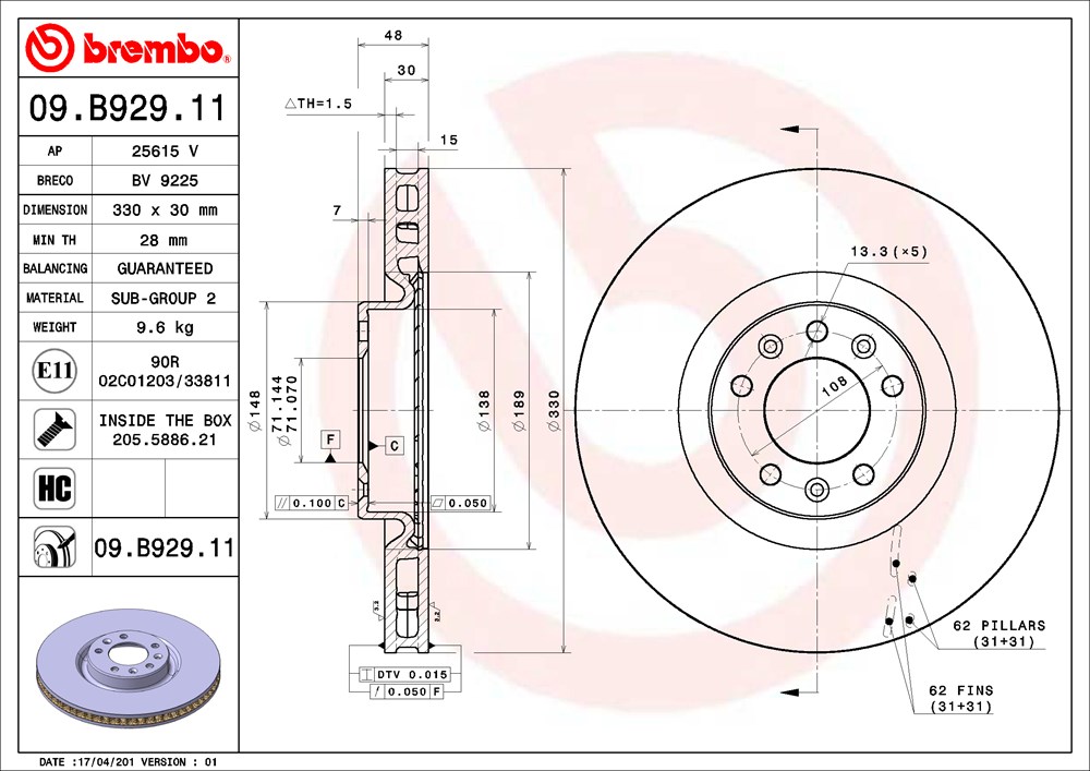 Tarcza hamulcowa BREMBO 09.B929.11