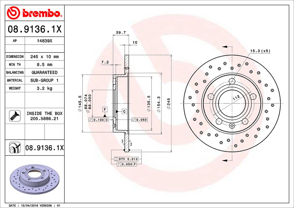 Tarcza hamulcowa BREMBO 08.9136.1X