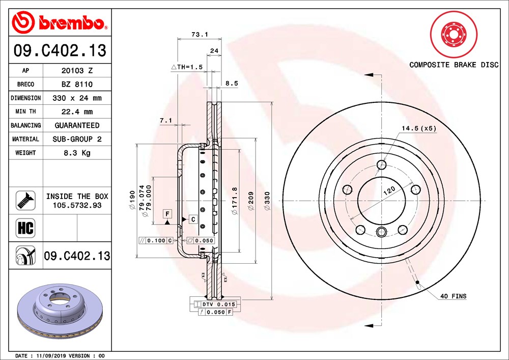 Tarcza hamulcowa BREMBO 09.C402.13