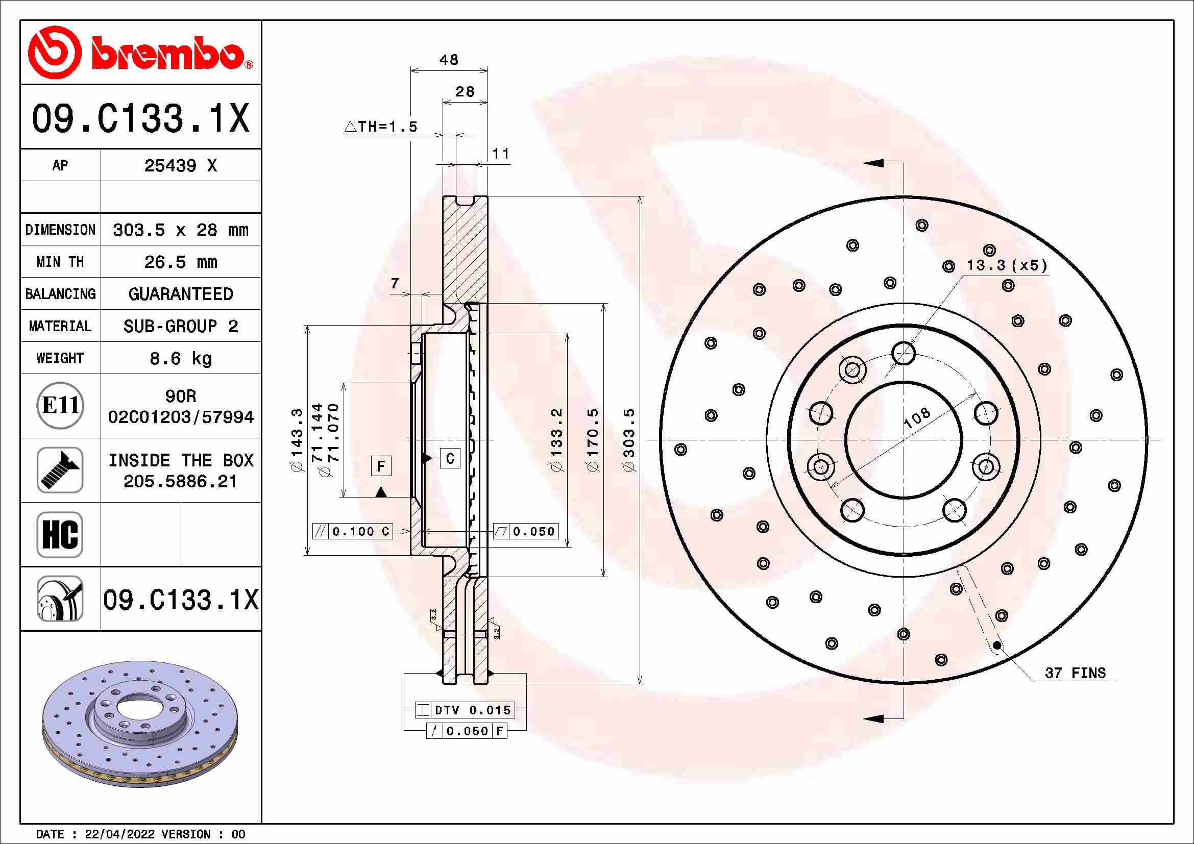 Tarcza hamulcowa BREMBO 09.C133.1X