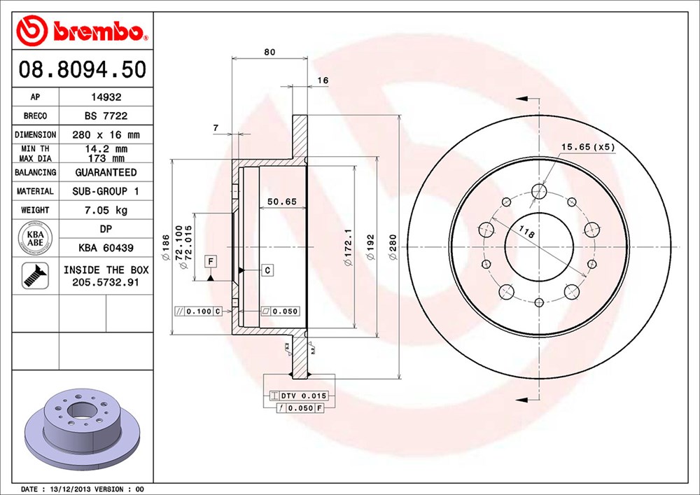 Tarcza hamulcowa BREMBO 08.8094.50