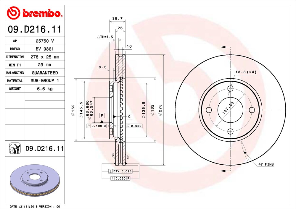 Tarcza hamulcowa BREMBO 09.D216.11