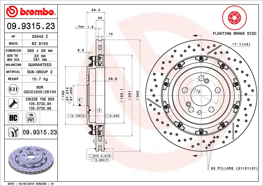 Tarcza hamulcowa BREMBO 09.9315.23